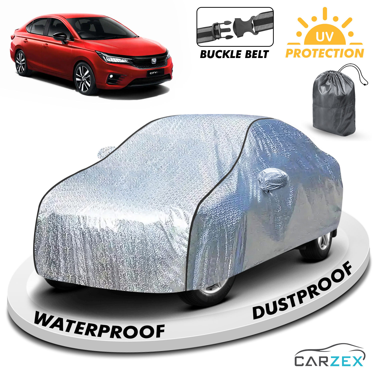 Carzex Waterproof & Heat Resistant Metallic Silver With Black Border Car Body Cover with Mirror Pockets For Honda City I-Vtec